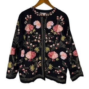 Bedford Fair Women's XL Black Floral Embroidered Jacket Boho Cottagecore 90s